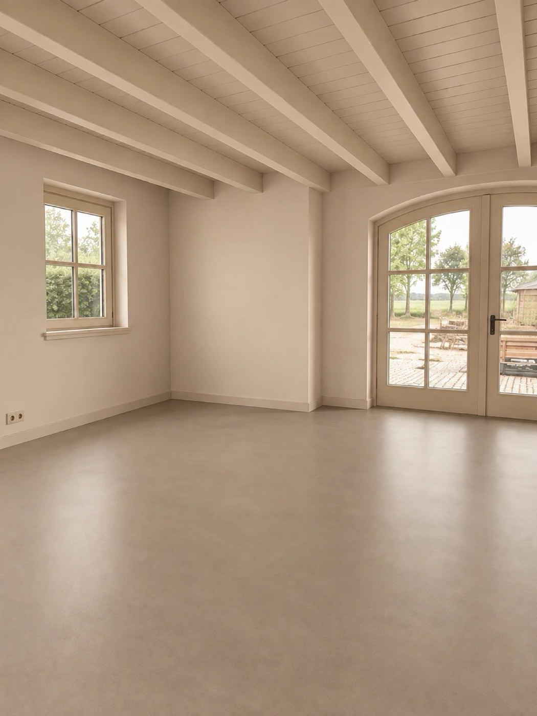 Lichte woonkamer met balkenplafond en openslaande deuren, Woonhuis Tricht